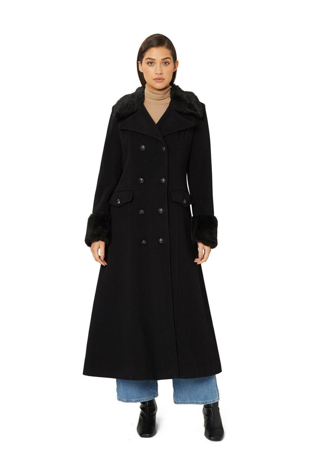 De La Creme - Women's Military Faux Fur Trim Maxi Coat