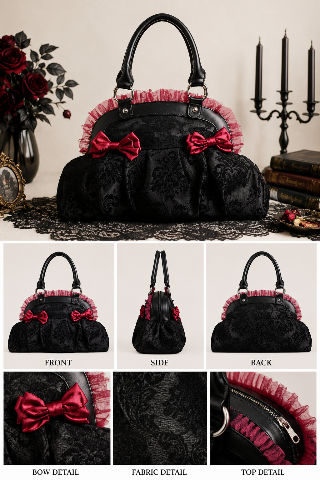 BANNED Apparel Gothic Punk Flocked Skull Rose Lace Bow Reinvention Handbag