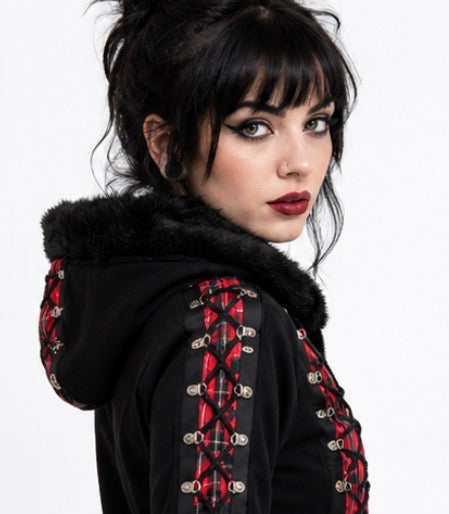 BANNED Apparel RED TARTAN CORSET BLACK HOODIE