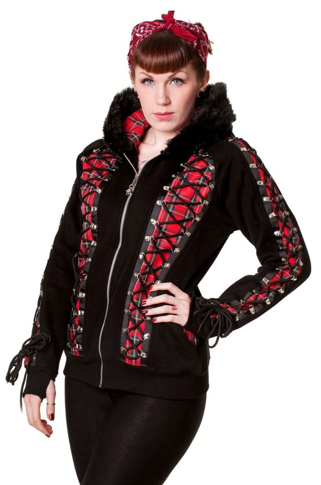 BANNED Apparel RED TARTAN CORSET BLACK HOODIE