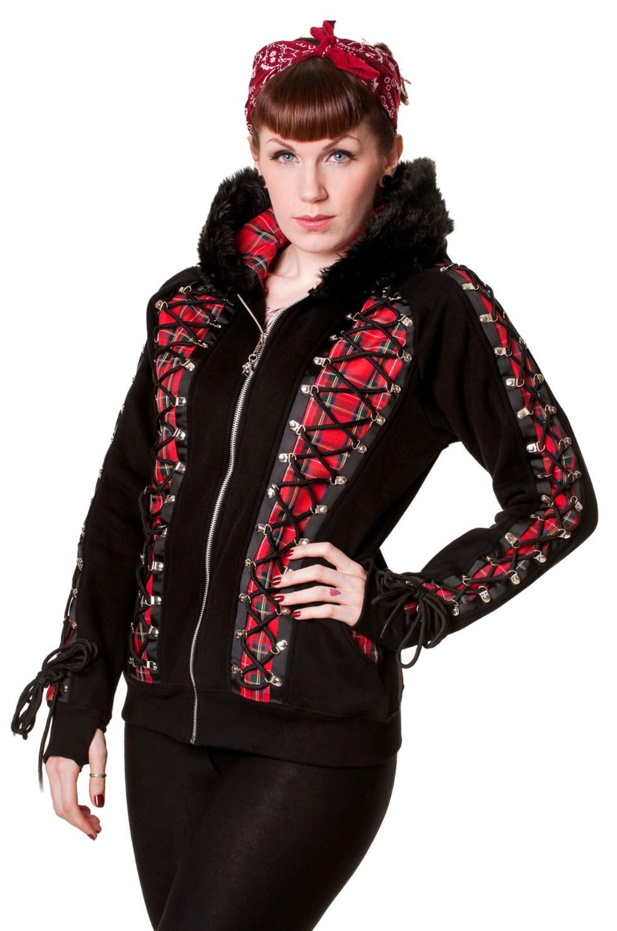 BANNED Apparel RED TARTAN CORSET BLACK HOODIE