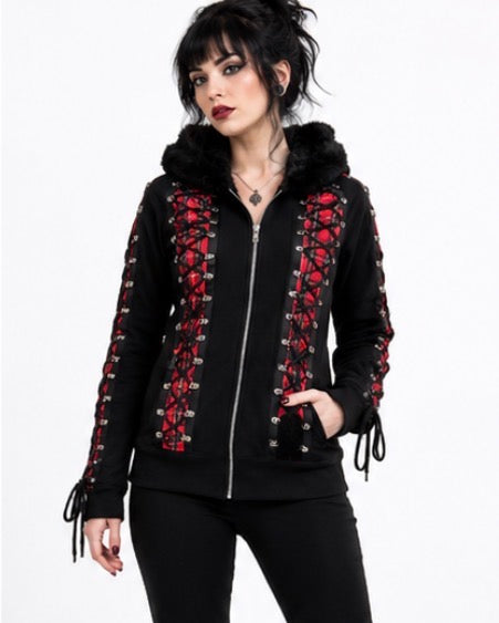 BANNED Apparel RED TARTAN CORSET BLACK HOODIE