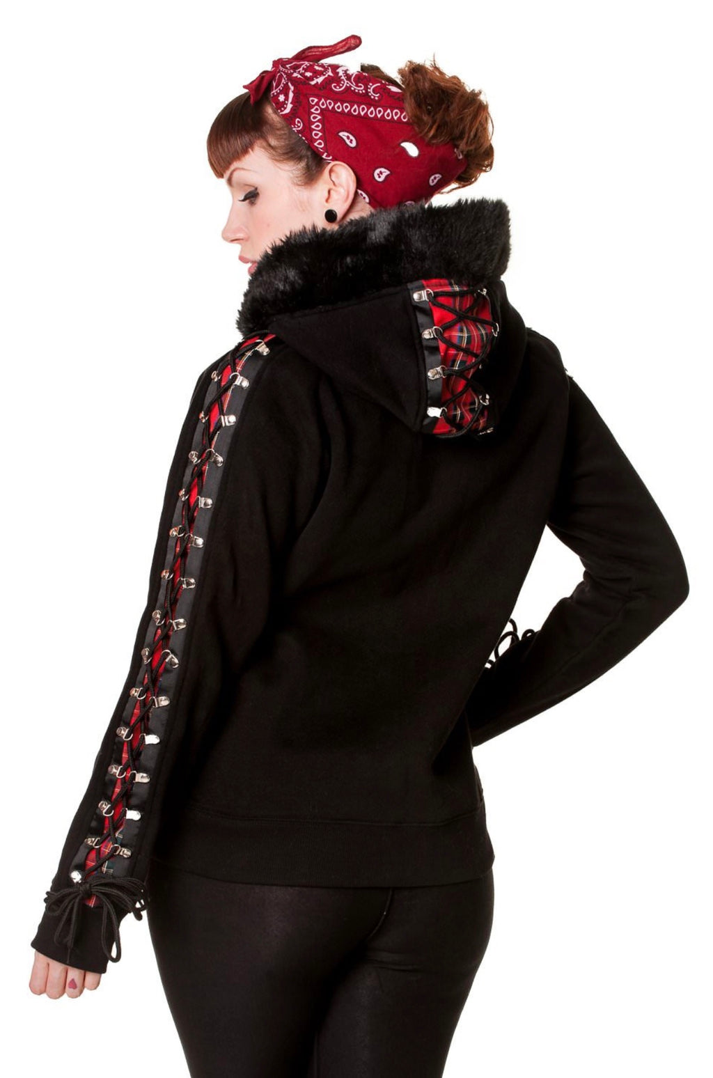 BANNED Apparel RED TARTAN CORSET BLACK HOODIE