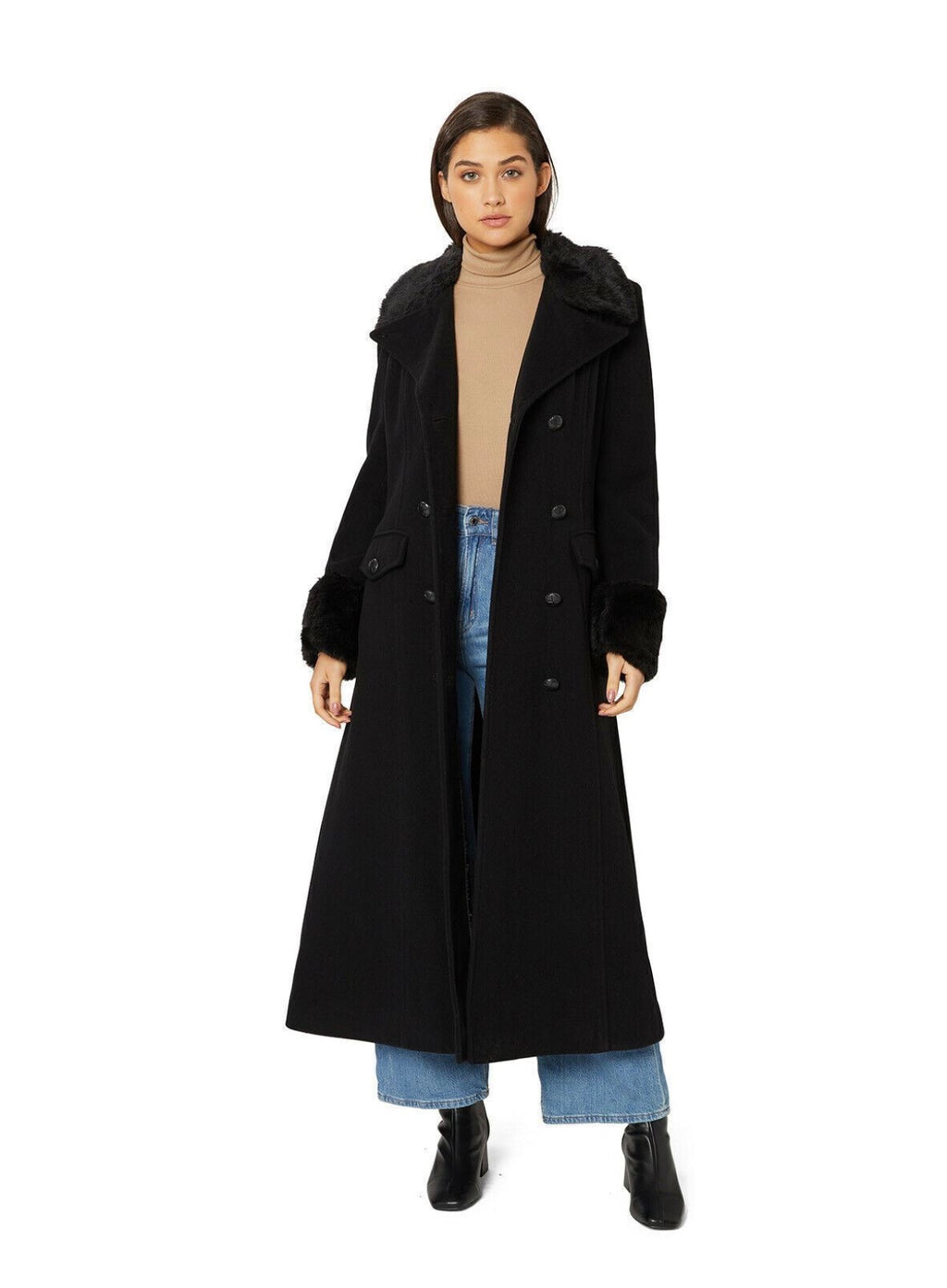 De La Creme - Women's Military Faux Fur Trim Maxi Coat