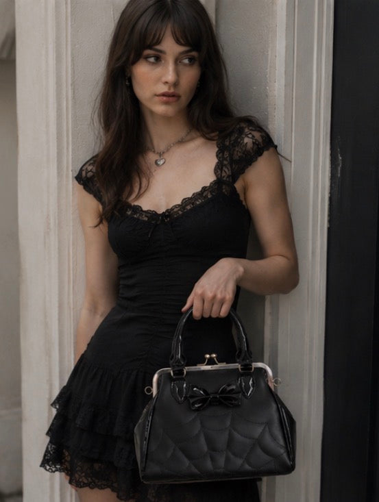 Banned Femme Fatale Bag Alternative Spider Web PU Gothic Bow Handbag Top Handle