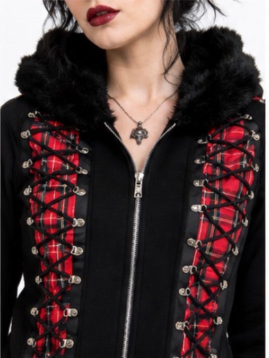 BANNED Apparel RED TARTAN CORSET BLACK HOODIE
