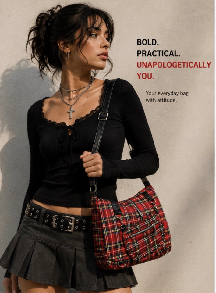 Banned Alternative Twice The Action Tartan Messenger Bag