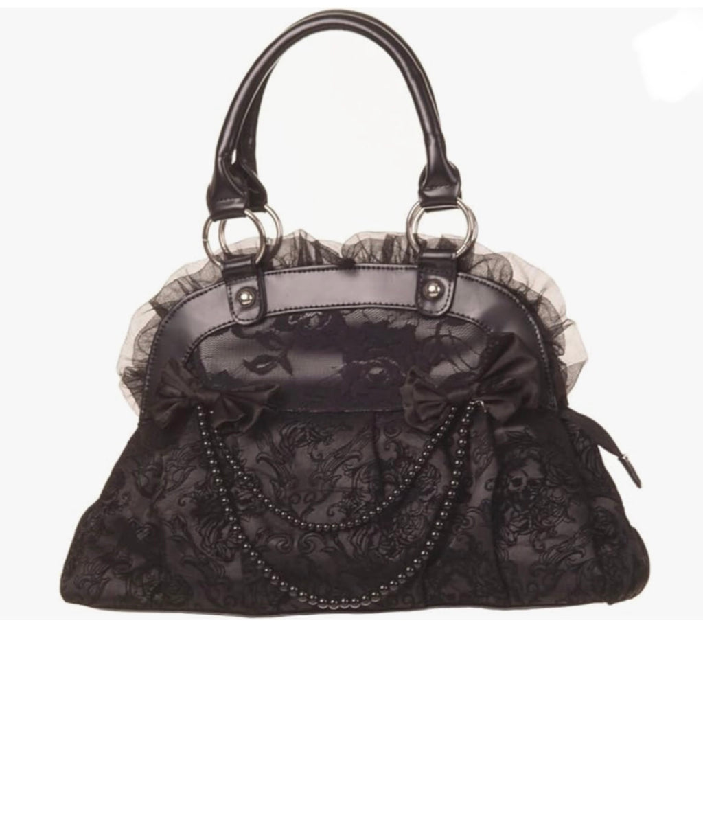BANNED Apparel Gothic Punk Flocked Skull Rose Lace Bow Reinvention Handbag