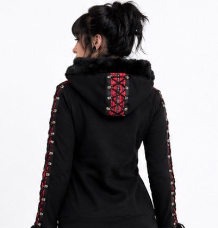 BANNED Apparel RED TARTAN CORSET BLACK HOODIE