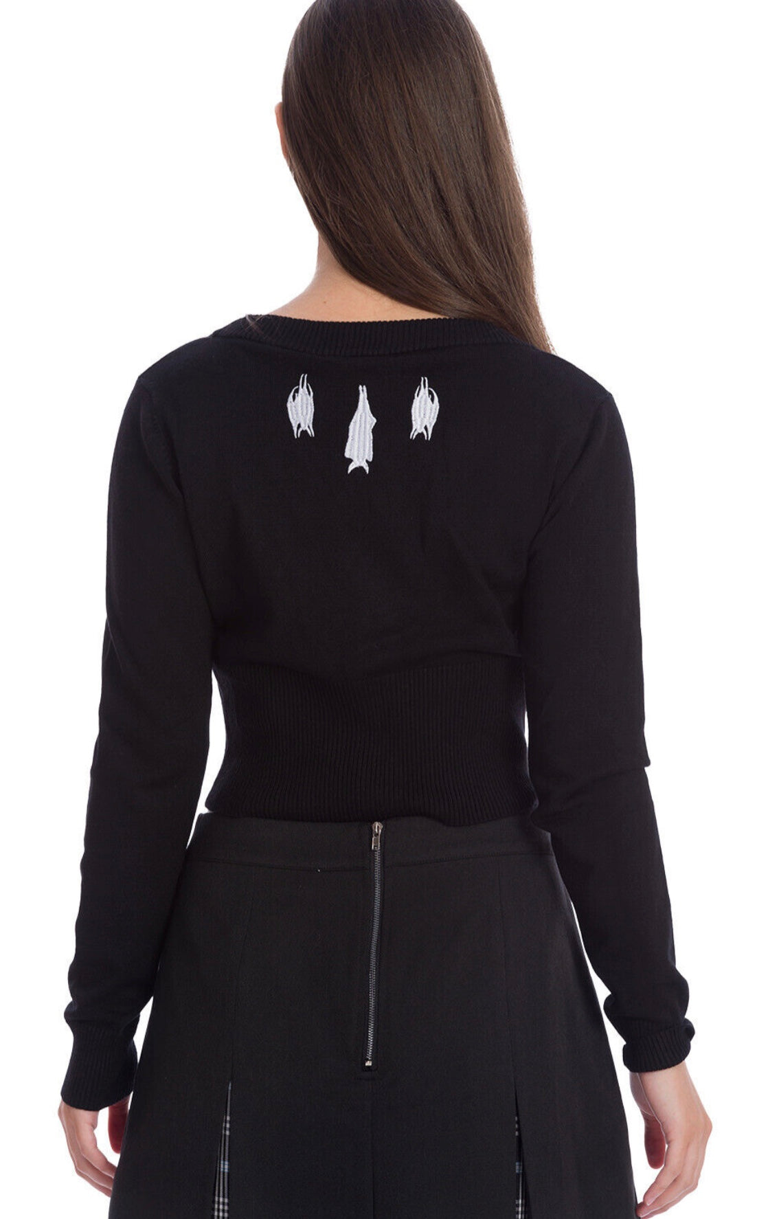 BANNED Apparel Black Gothic Punk Emo Embroidery Bat Lady V-Neck Knitted Cardigan
