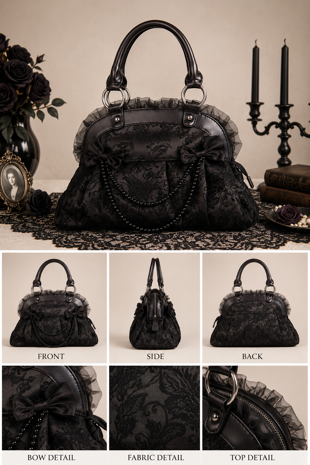 BANNED Apparel Gothic Punk Flocked Skull Rose Lace Bow Reinvention Handbag