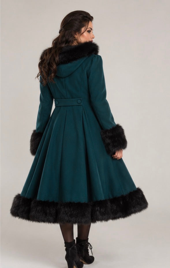 Hell Bunny Elvira Dramatic Statement Long Hooded Vintage Fur Collar Winter Coat