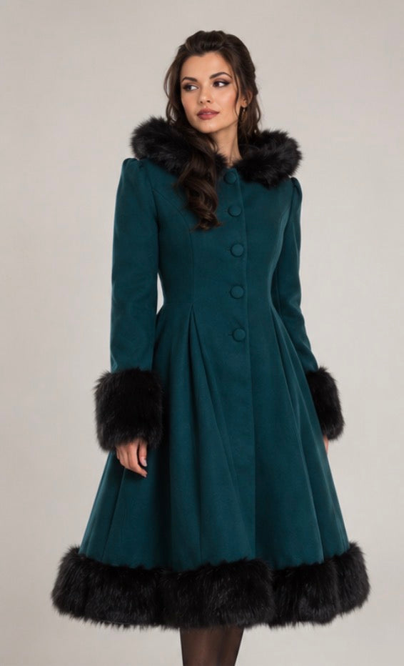 Hell Bunny Elvira Dramatic Statement Long Hooded Vintage Fur Collar Winter Coat