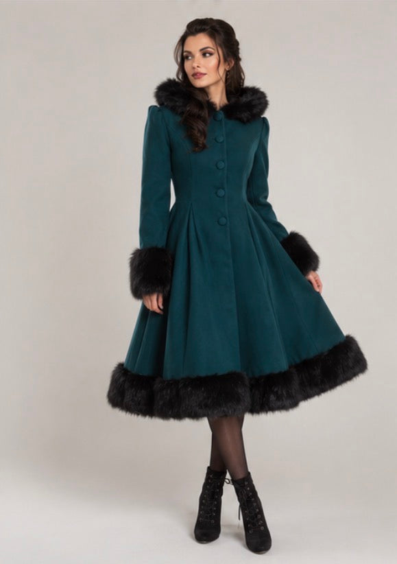 Hell Bunny Elvira Dramatic Statement Long Hooded Vintage Fur Collar Winter Coat