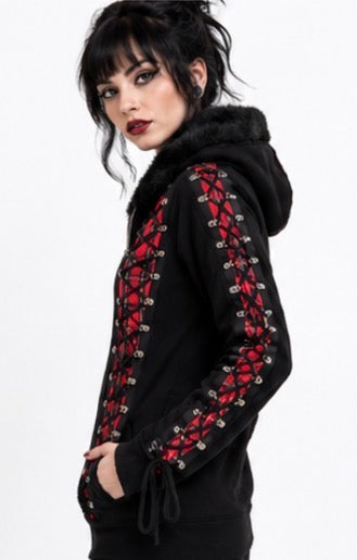 BANNED Apparel RED TARTAN CORSET BLACK HOODIE