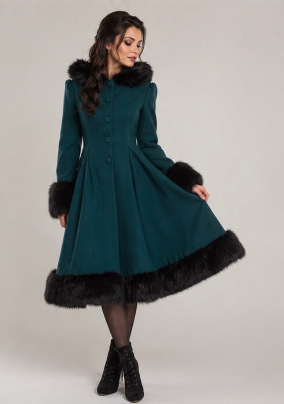 Hell Bunny Elvira Dramatic Statement Long Hooded Vintage Fur Collar Winter Coat