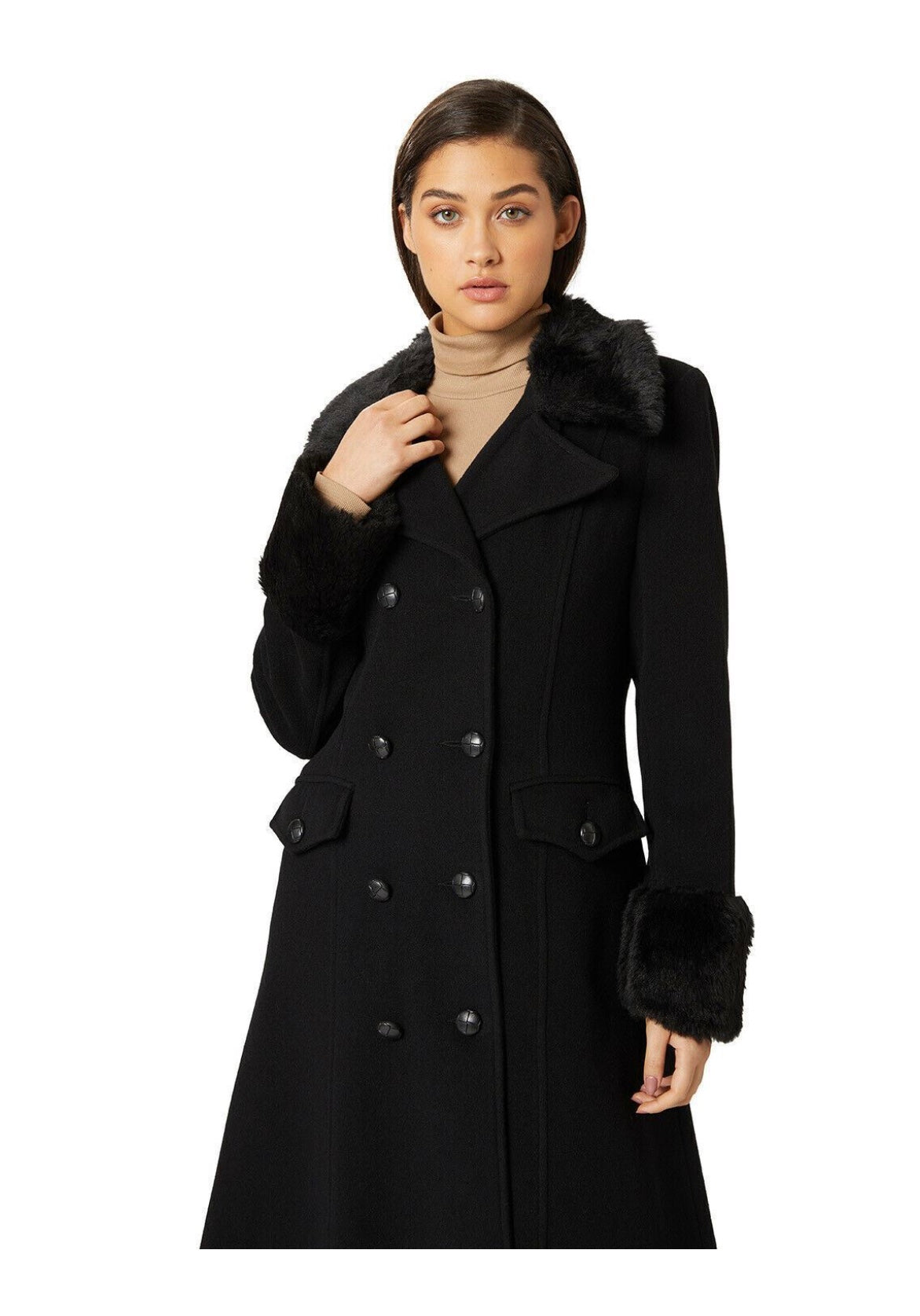 De La Creme - Women's Military Faux Fur Trim Maxi Coat