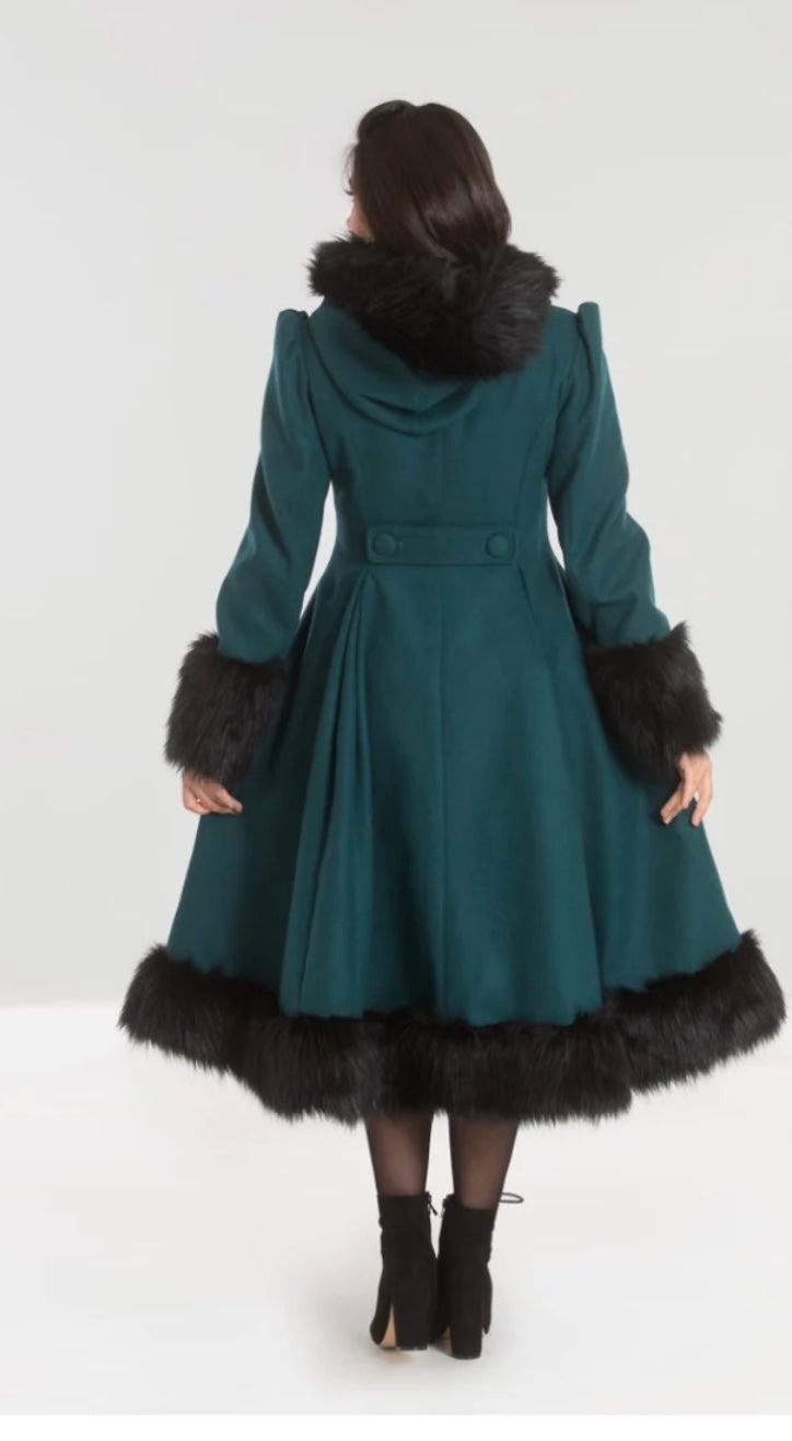 Hell Bunny Elvira Dramatic Statement Long Hooded Vintage Fur Collar Winter Coat