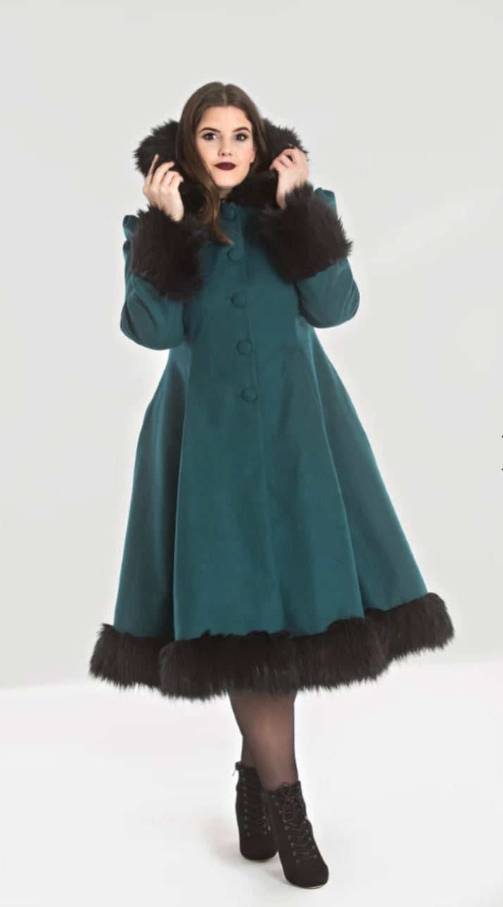 Hell Bunny Elvira Dramatic Statement Long Hooded Vintage Fur Collar Winter Coat